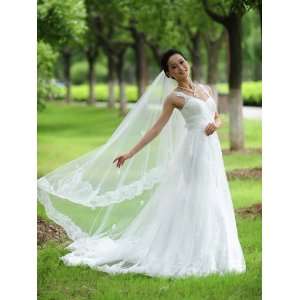   1T Embroidered Hem Cathedral Wedding Bridal Veil White One Size