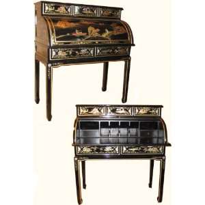   wide shiny black Oriental lacquerware roll top desk