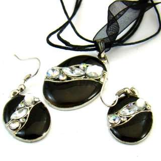 H8055 Black Rhinestone Gemstone Enamel & Alloy Oval Necklace Earring 
