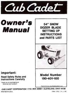   Cadet 54 inch Dozer Blade Dirt Snow Setting Up and Parts Manual  