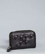 Bottega Veneta black leather studded woven card case style# 317472401