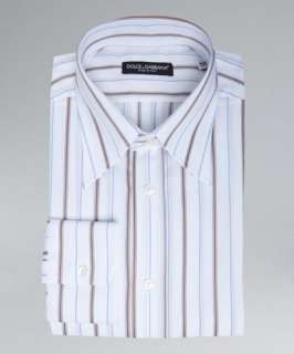 Dolce & Gabbana white and brown cotton striped point collar dress 