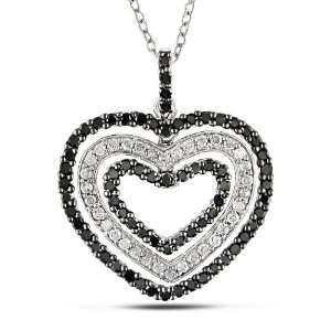 Sterling Silver 1 CT TDW Black and White Diamond Heart Pendant (H I 