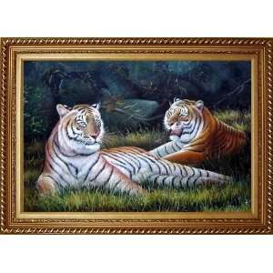 Two Wild Tigers in Forest Oil Painting, with Exquisite Dark Gold Wood 