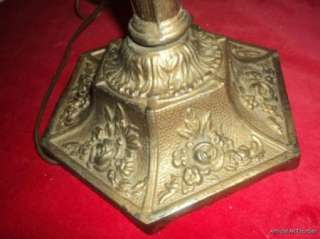   Deco Metal Table Lamp w/ LIONs Heads & Roses Original Patina  