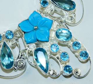 CARVED TURQUOISE FLOWERS BLUE TOPAZ&.925 Sterling Silver Necklace