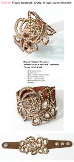 BR2039/Flower Swarovski Crystal Black Leather Bracelet  