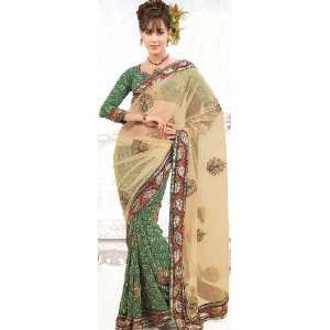   Bandhani Printed Sari with Patch work and Embroidered Sequins   Net