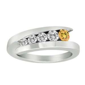 10K White Gold 5 Stone Graduated Channel Set Round Diamond & Citrine 