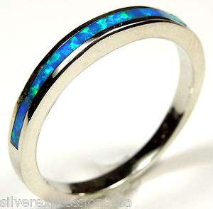 Blue Fire Opal Inlay 925 Sterling Silver Band Ring size 6, 7, 8, 9 