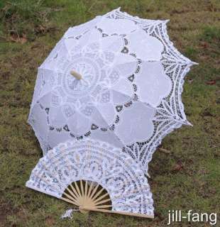 Battenburg White Belle Parasol Umbrella 30 Inch & Hand Fan Wedding 
