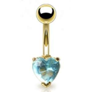  Gold Plated Belly Button Navel Ring with Aqua Gem Heart 