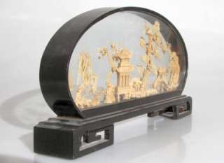 CHINESE CARVED CORK ART IN GLASS AND WOOD CASE AMAZING DETAIL  