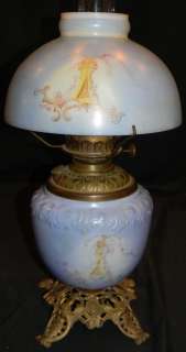 ANTIQUE 1890s MILK GLASS PARLOR LAMP W HALF MOON SHADE  