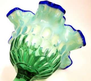   ART GLASS GREEN OPALESCENT COBALT BLUE CREST PEDESTAL COMPOTE/COMPORT