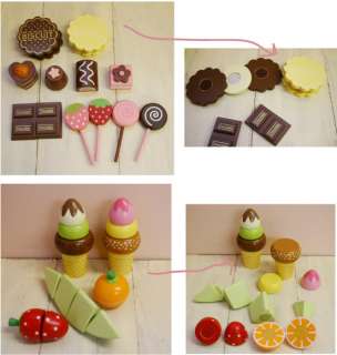 It is a wooden Chocolate Sweet Set toy, which is suitable to develop 