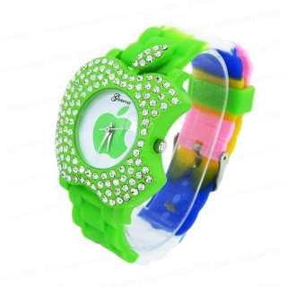 Geneva Watches Apple Logo Pattern Crystal Silicone Womens Wrist Watch 