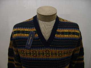 Polo Ralph Lauren Mens L Cashmere Linen Sweater Knit Fair Isle V Neck 