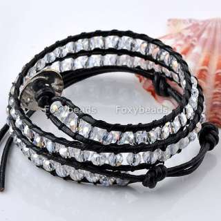 11/Color FASHION STYLE 2 Wrap Crystal Glass Beads Black Leather 