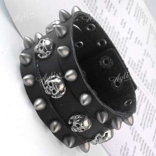 Black Leather Spike Skull Studded Buckle Mens Bracelet Wristband Cuff 