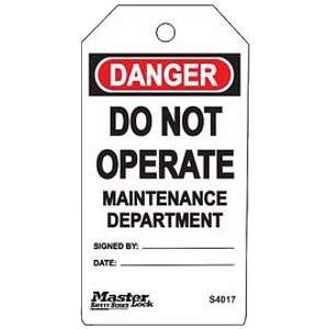 Master Lock Danger   Do Not Operate   Maintenance Department Tag 