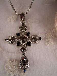 Pretty Black & Smokey Austrian Crystal Cross Necklace  