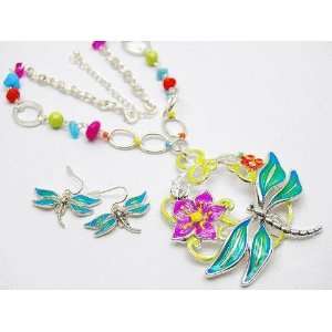    Dragonfly and Flower Necklace and Earrings Set 