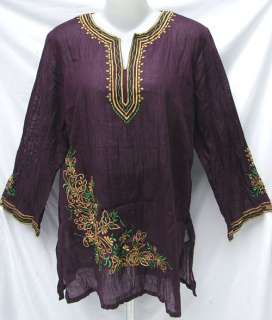 Dark Purple Top. Embroidery with gold yellow & green thread.