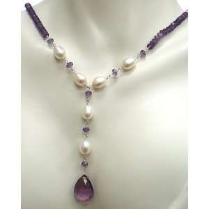  Sterling Silver Freshwater Pearl and Amythest Necklace 