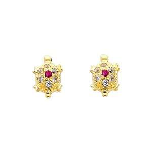 14K Yellow Gold Red Turtle CZ Stud with Screw back for Baby & Children