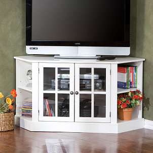 Black corner TV stand with flat screen TV