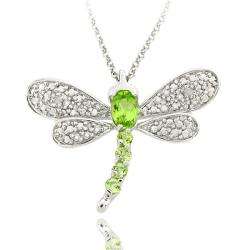   Silver Peridot and Diamond Accent Dragonfly Necklace  