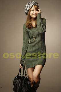 Crochet V neck Long Sleeve Lantern Sleeve Sweater Long Tops Mini Dress 