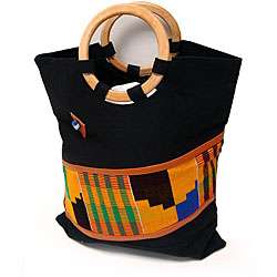 Handmade Kente Fabric Bag with Wooden Handles (Ghana)  