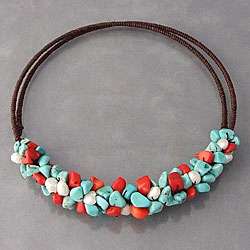 Turquoise/ Coral/ Pearl Wire Wrap Choker Necklace (Thailand 