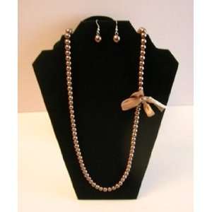  Glass Pearl  Shaped Brown Necklace with bow and Matching 