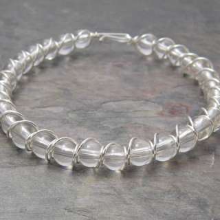 Clear Quartz Crystal Beaded Sterling Silver Wire Wrapped Bracelet 
