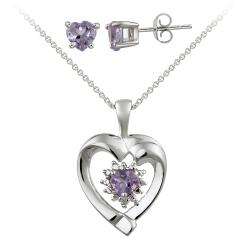   Silver Diamond Accent And Amethyst Heart Necklace And Stud Earring Set