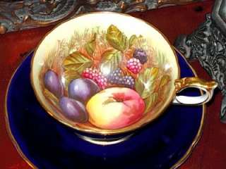 Aynsley ORCHARD FRUIT COBALT BLUE HAND PAINTED Tea Cup and Saucer 1930 