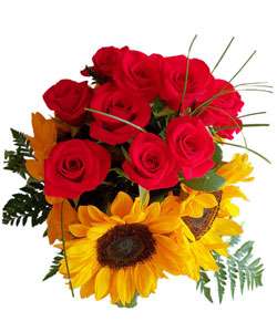 Red Roses and Sunflowers Floral Bouquet  