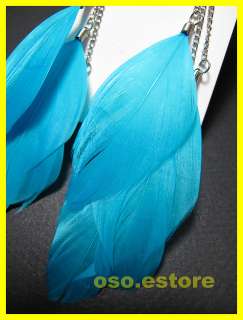 Natural 3 Tiers Blue Hand made Feather Dangle Earrings  