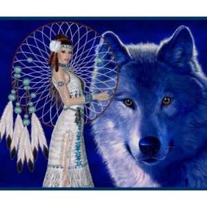  Native American Woman Blue Wolf Design Mousepad Office 