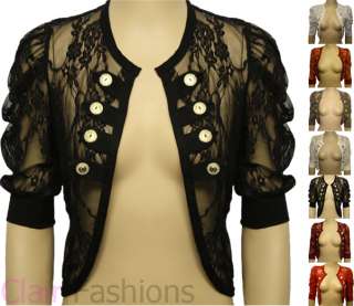 Lace Button Design Stretch Shrug Cardigan Ruched Short Sleeve Womens 