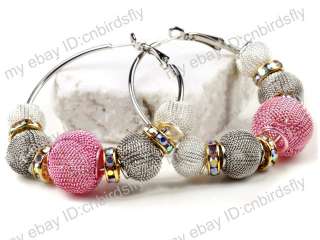  Basketball Wives Mesh Rhinestone Beads Spacer Hoops Earrings  