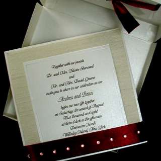 100 BOXED COUTURE WEDDING INVITATIONS, BORDEAUX RIBBON  