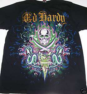 Ed Hardy Black Two Swords Skull Snake T Shirt Foil 2XL  