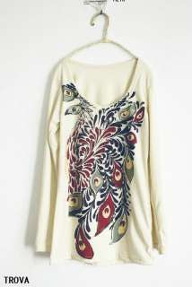   Sleeve Round Neck Peacock Freehand Comfort Women Bottoming Shirt C23Z