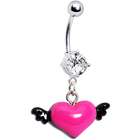 Body Candy Hot Pink Winged Puffed Heart Belly Ring