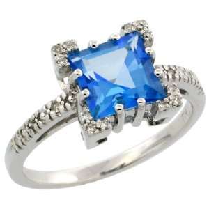 Stone Ring, w/ Brilliant Cut Diamonds & Princess Cut (7mm) Blue Topaz 