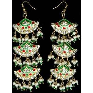  Green and Red Dangling Kites Earrings with Golden Accents 